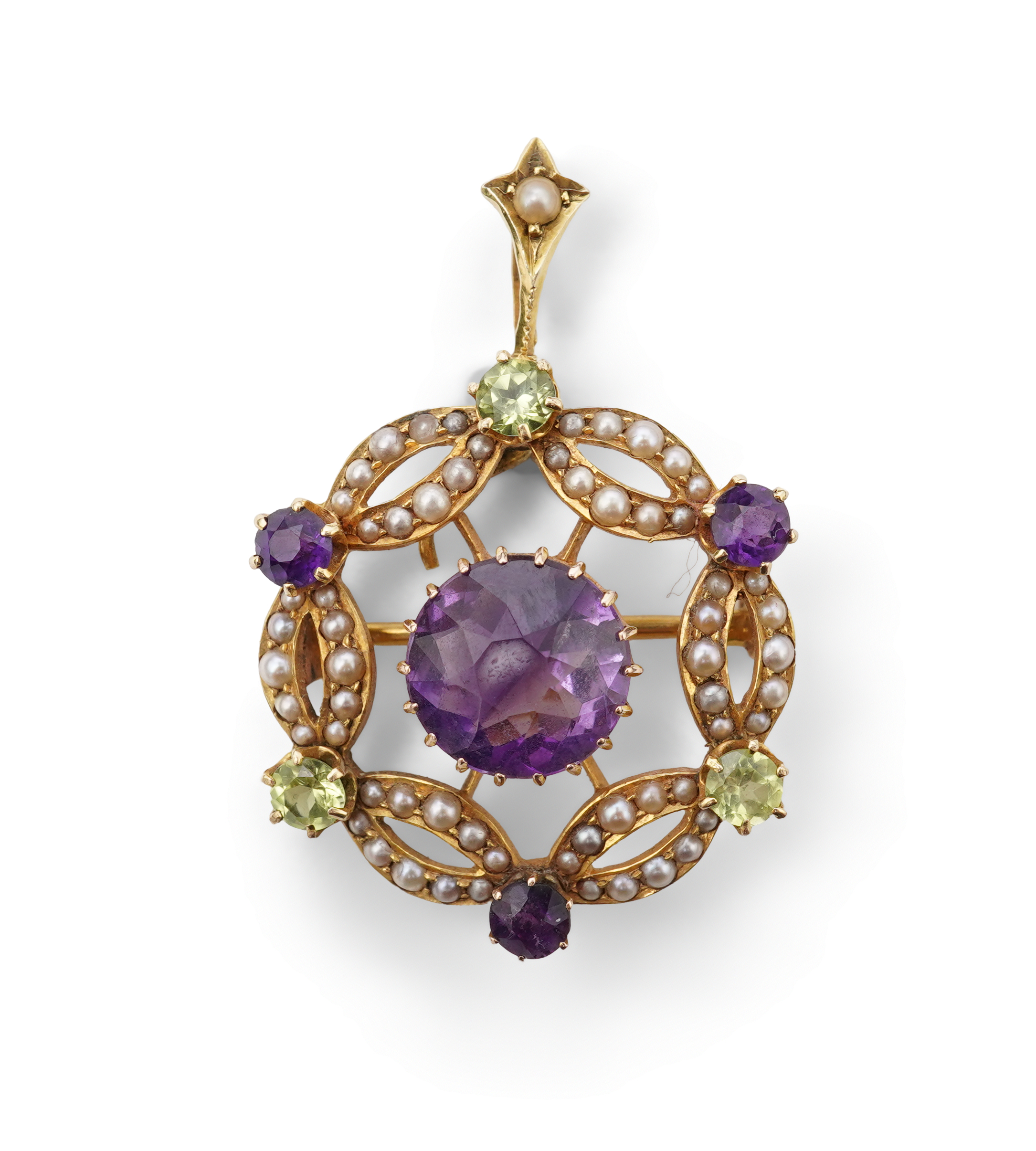 An Edwardian amethyst, chrysoberyl and seed pearl pendant/brooch, early 20th century